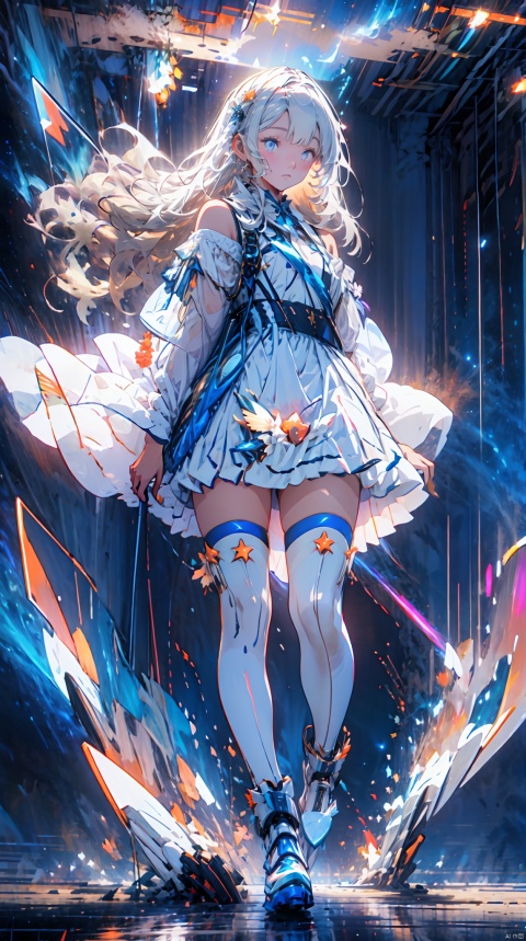 天启姬,1girl,solo,blue eyes,long hair,mecha musume,white hair,looking at viewer,heart hands,white dress,full body,breasts,bangs,mechanical legs,bare shoulders,thighhighs,boots,heart,mechanical ,wings,Science fiction mechanical wings with fans, cosmic space, floating, satellite,, Look at the audience, sparkling, space background, meat leg, full-body shot, , as