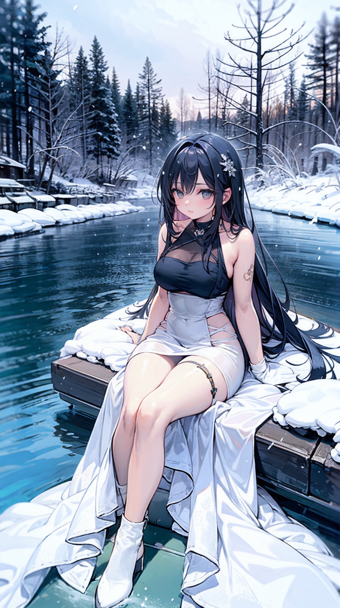  1girl,Sit on the wall,dress flip,dress,pantyshot,long legs, long hair,(snowing),nature,(castle), outdoors,snowflake,(lake:0.7),tree,bird,cat,
trembling,garter straps,(leg focus),large breasts, 8k,in air,High-heeled shoes,western style,looking up, grass,book,
 , masterpiece, best quality, Wide angle,hdr, Saint Sophia muggle, see-through control, cozy animation scenes, changbaishan muggle