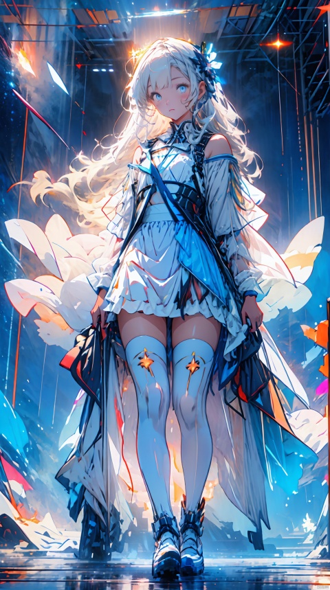 天启姬,1girl,solo,blue eyes,long hair,mecha musume,white hair,looking at viewer,heart hands,white dress,full body,breasts,bangs,mechanical legs,bare shoulders,thighhighs,boots,heart,mechanical ,wings,Science fiction mechanical wings with fans, cosmic space, floating, satellite,, Look at the audience, sparkling, space background, meat leg, full-body shot, , as