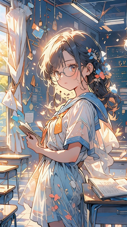  an extremely delicate and beautiful, extremely detailed, CG, unity, 8k wallpaper, Amazing, finely detail, official art, extremely detailed CG unity 8k wallpaper, 1 girl, student, school uniform, glasses, school, classroom, desk, illustration, Nikon, best quality, masterpiece, masterpiece, best quality, cozy animation scenes, Light-electric style,shining, see-through control