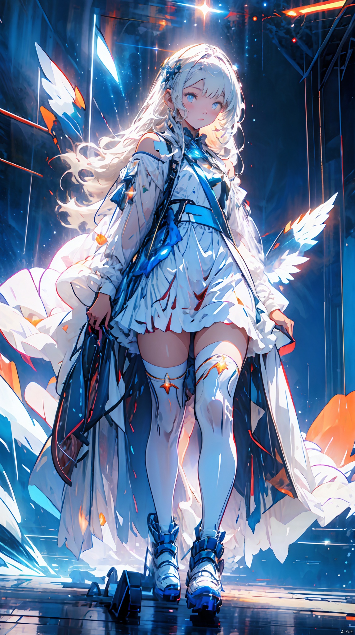 天启姬,1girl,solo,blue eyes,long hair,mecha musume,white hair,looking at viewer,heart hands,white dress,full body,breasts,bangs,mechanical legs,bare shoulders,thighhighs,boots,heart,mechanical ,wings,Science fiction mechanical wings with fans, cosmic space, floating, satellite,, Look at the audience, sparkling, space background, meat leg, full-body shot, , as