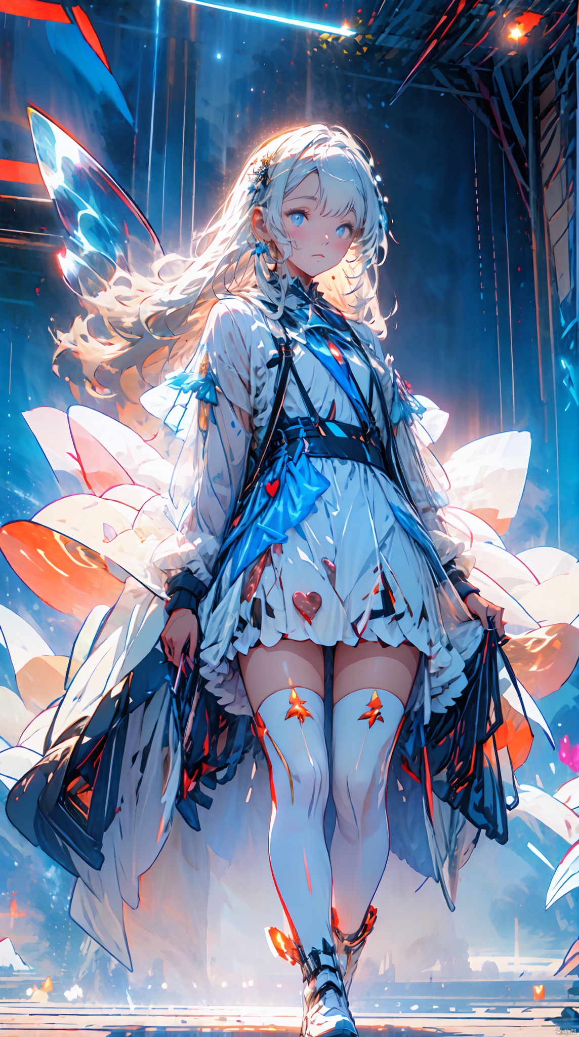 天启姬,1girl,solo,blue eyes,long hair,mecha musume,white hair,looking at viewer,heart hands,white dress,full body,breasts,bangs,mechanical legs,bare shoulders,thighhighs,boots,heart,mechanical ,wings,Science fiction mechanical wings with fans, cosmic space, floating, satellite,, Look at the audience, sparkling, space background, meat leg, full-body shot, , as