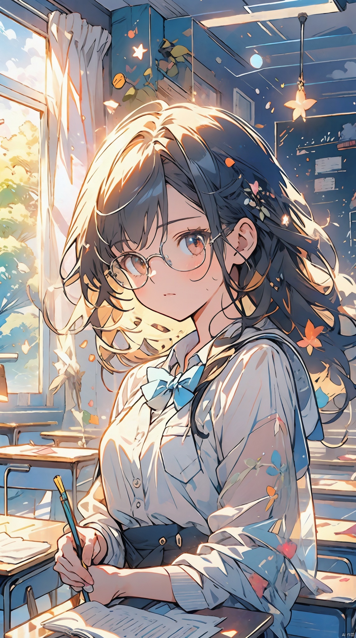  an extremely delicate and beautiful, extremely detailed, CG, unity, 8k wallpaper, Amazing, finely detail, official art, extremely detailed CG unity 8k wallpaper, 1 girl, student, school uniform, glasses, school, classroom, desk, illustration, Nikon, best quality, masterpiece, masterpiece, best quality, cozy animation scenes, Light-electric style,shining, see-through control