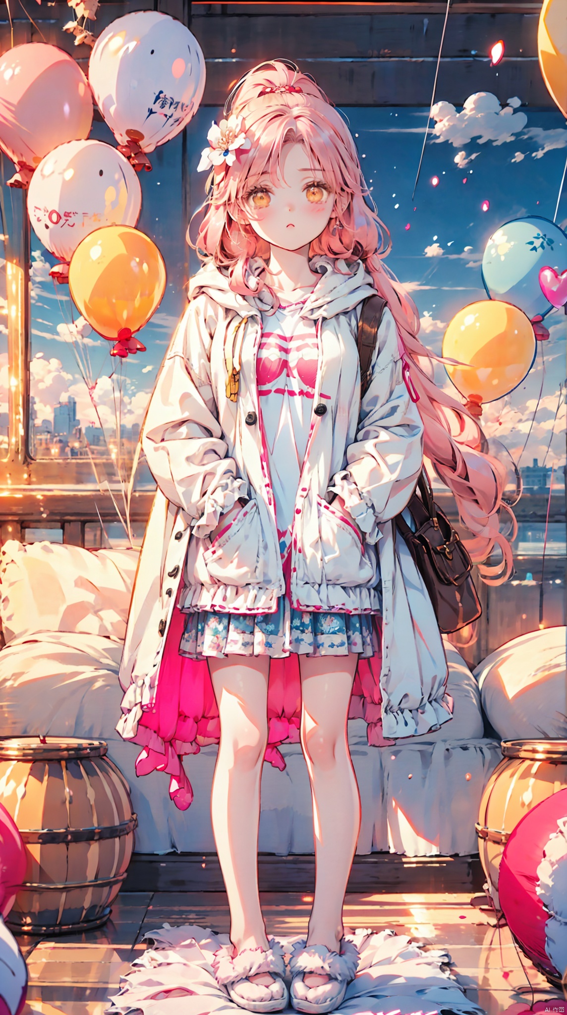  1petite loli,solo.pink hair,long pink hair,(yellow eyes),puffy sleeves,fur-trimmed jacket,hair flower,fipped hair,high ponytail,loose over_sized Casual T-shirt,white shirt,hoodie coat,bare legs,slippers;relaxed,adjusting hair,looking at viewer,standing,(balloon:1.5),hands in pockets,, 2D ConceptualDesign, tutututu, FF, WuLight, breasts, cozy animation scenes, (\shen ming shao nv\)