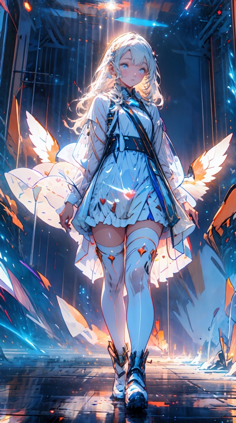 天启姬,1girl,solo,blue eyes,long hair,mecha musume,white hair,looking at viewer,heart hands,white dress,full body,breasts,bangs,mechanical legs,bare shoulders,thighhighs,boots,heart,mechanical ,wings,Science fiction mechanical wings with fans, cosmic space, floating, satellite,, Look at the audience, sparkling, space background, meat leg, full-body shot, , as