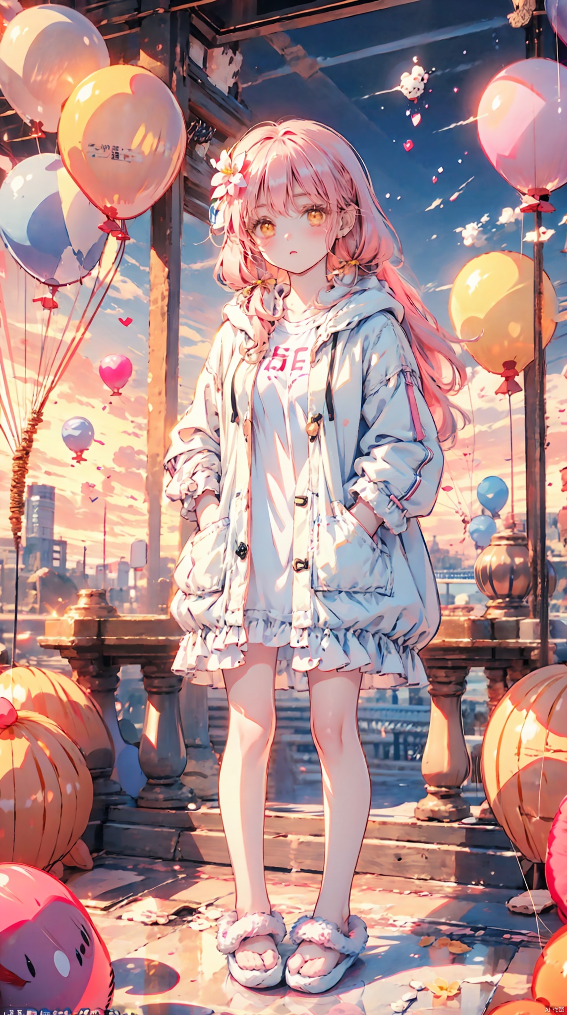  1petite loli,solo.pink hair,long pink hair,(yellow eyes),puffy sleeves,fur-trimmed jacket,hair flower,fipped hair,high ponytail,loose over_sized Casual T-shirt,white shirt,hoodie coat,bare legs,slippers;relaxed,adjusting hair,looking at viewer,standing,(balloon:1.5),hands in pockets,, 2D ConceptualDesign, tutututu, FF, WuLight, breasts, cozy animation scenes, (\shen ming shao nv\)