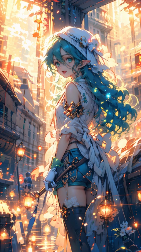  Presenting an artwork in an anime-style, Vibrant anime scenes, Anime background, solo, weapon, 1girl, green eyes, green hair, bow (weapon), hat, holding bow (weapon), holding weapon, hair over one eye, holding, nature, forest, solo, open mouth, gloves, shorts, green headwear, arrow (projectile), beret, green shorts, green footwear, hat feather, outdoors, fingerless gloves, drawing bow, tree, single thighhigh, aiming, bangs, black gloves, outstretched arm, pointy ears, green thighhighs, smile, (\shen ming shao nv\), dyzgqzm, jellyfishforest