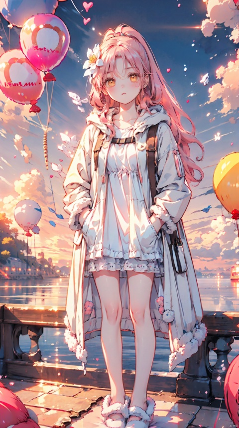  1petite loli,solo.pink hair,long pink hair,(yellow eyes),puffy sleeves,fur-trimmed jacket,hair flower,fipped hair,high ponytail,loose over_sized Casual T-shirt,white shirt,hoodie coat,bare legs,slippers;relaxed,adjusting hair,looking at viewer,standing,(balloon:1.5),hands in pockets,, 2D ConceptualDesign, tutututu, FF, WuLight, breasts, cozy animation scenes, (\shen ming shao nv\)