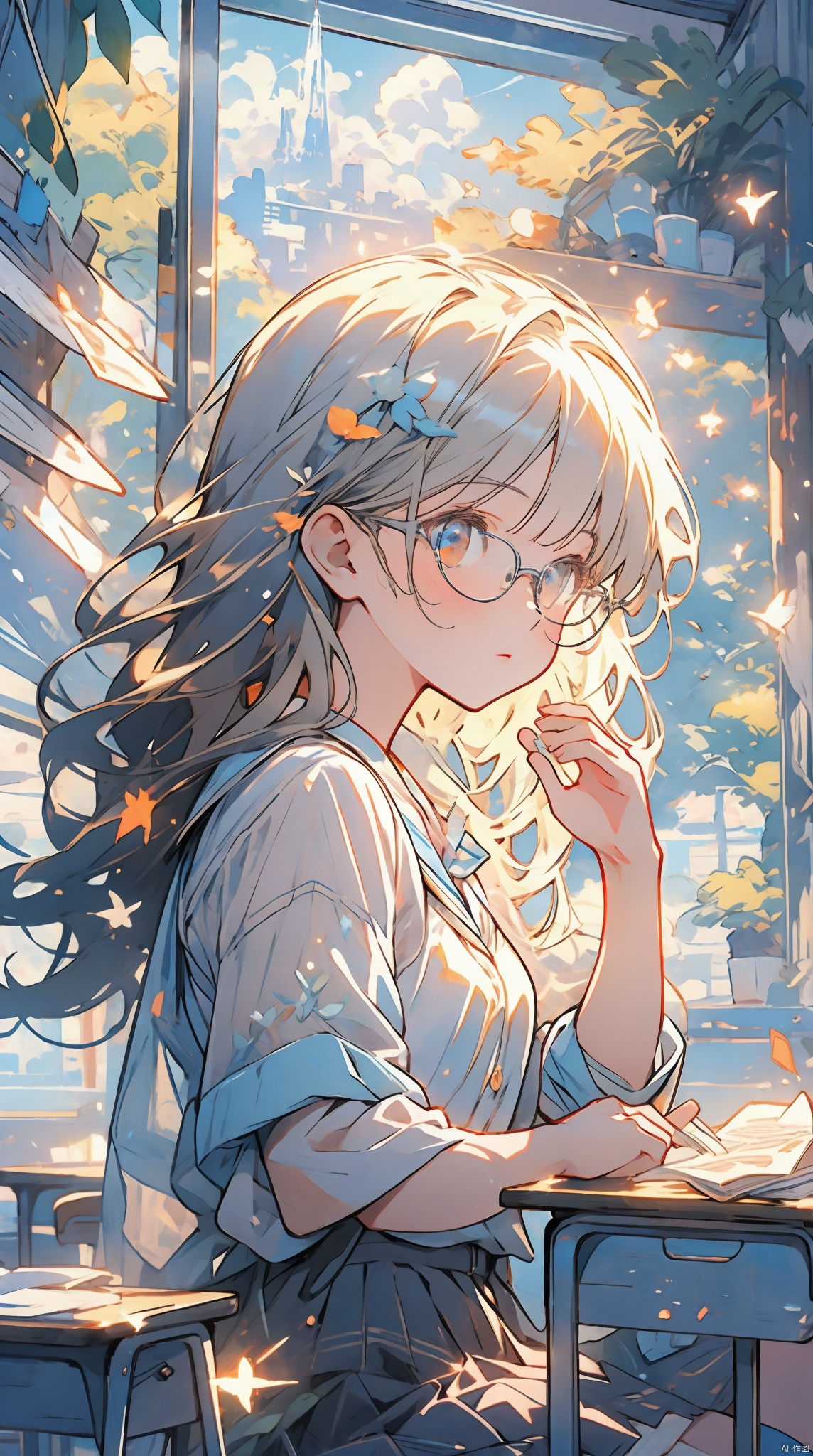  an extremely delicate and beautiful, extremely detailed, CG, unity, 8k wallpaper, Amazing, finely detail, official art, extremely detailed CG unity 8k wallpaper, 1 girl, student, school uniform, glasses, school, classroom, desk, illustration, Nikon, best quality, masterpiece, masterpiece, best quality, cozy animation scenes, Light-electric style,shining, see-through control