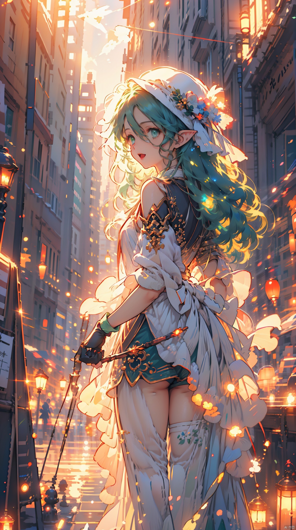  Presenting an artwork in an anime-style, Vibrant anime scenes, Anime background, solo, weapon, 1girl, green eyes, green hair, bow (weapon), hat, holding bow (weapon), holding weapon, hair over one eye, holding, nature, forest, solo, open mouth, gloves, shorts, green headwear, arrow (projectile), beret, green shorts, green footwear, hat feather, outdoors, fingerless gloves, drawing bow, tree, single thighhigh, aiming, bangs, black gloves, outstretched arm, pointy ears, green thighhighs, smile, (\shen ming shao nv\), dyzgqzm, jellyfishforest