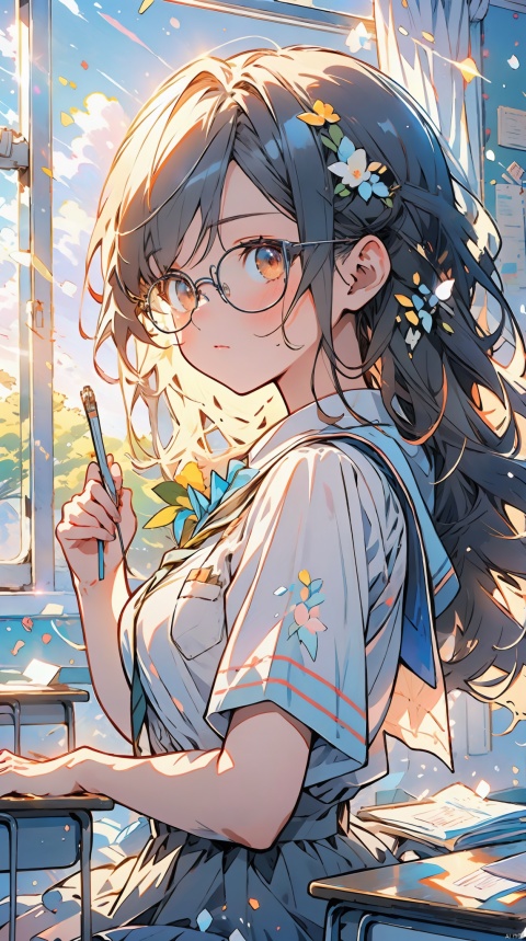  an extremely delicate and beautiful, extremely detailed, CG, unity, 8k wallpaper, Amazing, finely detail, official art, extremely detailed CG unity 8k wallpaper, 1 girl, student, school uniform, glasses, school, classroom, desk, illustration, Nikon, best quality, masterpiece, masterpiece, best quality, cozy animation scenes, Light-electric style
