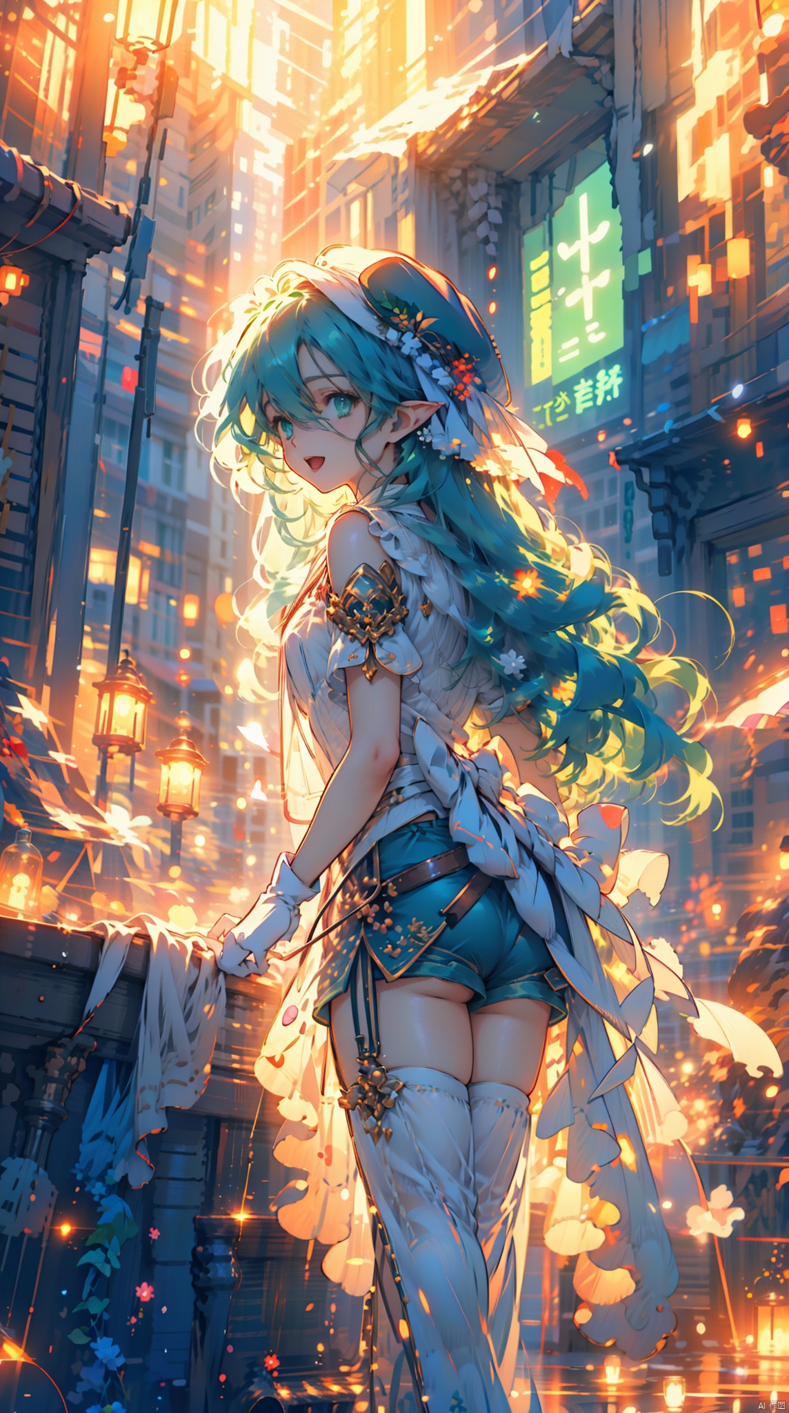  Presenting an artwork in an anime-style, Vibrant anime scenes, Anime background, solo, weapon, 1girl, green eyes, green hair, bow (weapon), hat, holding bow (weapon), holding weapon, hair over one eye, holding, nature, forest, solo, open mouth, gloves, shorts, green headwear, arrow (projectile), beret, green shorts, green footwear, hat feather, outdoors, fingerless gloves, drawing bow, tree, single thighhigh, aiming, bangs, black gloves, outstretched arm, pointy ears, green thighhighs, smile, (\shen ming shao nv\), dyzgqzm, jellyfishforest