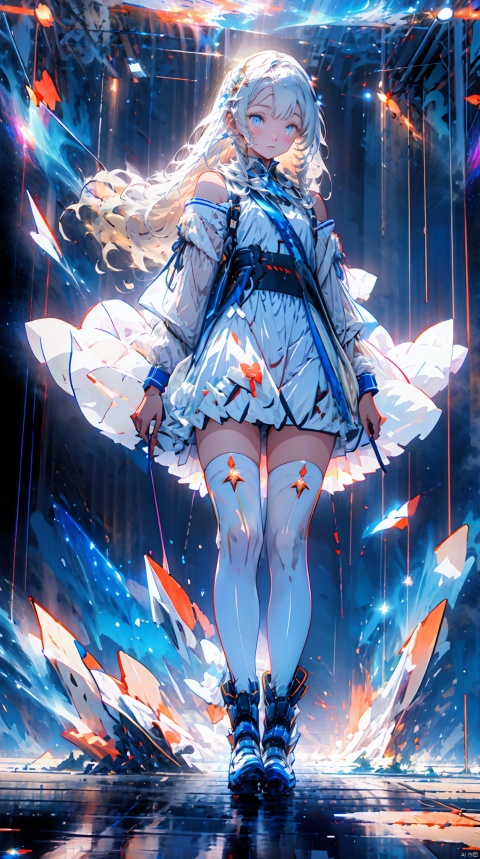 天启姬,1girl,solo,blue eyes,long hair,mecha musume,white hair,looking at viewer,heart hands,white dress,full body,breasts,bangs,mechanical legs,bare shoulders,thighhighs,boots,heart,mechanical ,wings,Science fiction mechanical wings with fans, cosmic space, floating, satellite,, Look at the audience, sparkling, space background, meat leg, full-body shot, , as