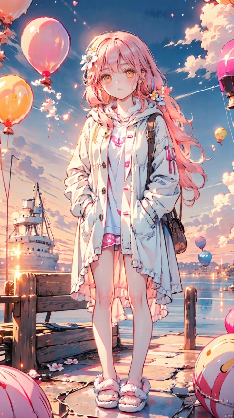  1petite loli,solo.pink hair,long pink hair,(yellow eyes),puffy sleeves,fur-trimmed jacket,hair flower,fipped hair,high ponytail,loose over_sized Casual T-shirt,white shirt,hoodie coat,bare legs,slippers;relaxed,adjusting hair,looking at viewer,standing,(balloon:1.5),hands in pockets,, 2D ConceptualDesign, tutututu, FF, WuLight, breasts, cozy animation scenes, (\shen ming shao nv\)