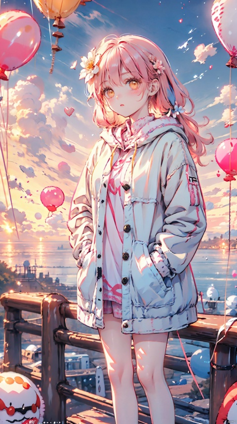  1petite loli,solo.pink hair,long pink hair,(yellow eyes),puffy sleeves,fur-trimmed jacket,hair flower,fipped hair,high ponytail,loose over_sized Casual T-shirt,white shirt,hoodie coat,bare legs,slippers;relaxed,adjusting hair,looking at viewer,standing,(balloon:1.5),hands in pockets,, 2D ConceptualDesign, tutututu, FF, WuLight, breasts, cozy animation scenes, (\shen ming shao nv\)