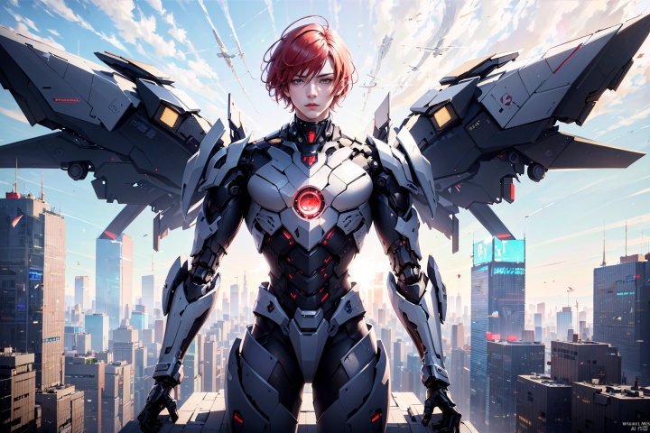  1boy,concept artwork,red hair,(a lonely solo boy:1.4),sky,wing,sitting on the ground,wings with fans,graphics card fan,strong male mecha warrior,mighty and domineering,cool mecha,32k,blue and white color scheme,white armor,standing,Cyber city, streets, simple buildings, high technology