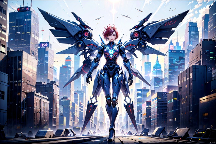 1boy,concept artwork,red hair,(a lonely solo boy:1.4),sky,wing,sitting on the ground,wings with fans,graphics card fan,strong male mecha warrior,mighty and domineering,cool mecha,32k,blue and white color scheme,white armor,standing,Cyber city, streets, simple buildings, high technology