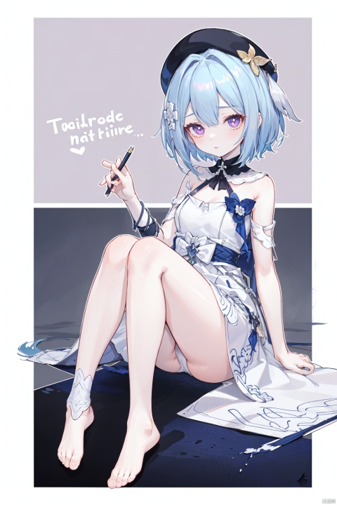 ((english text)),(((border:1.75))), ((outline)),
expressionless,
 sitting on floor, full body, breasts,ass focus, legs grab, 
gelei, 1girl, short white dress, hat, blue hair, purple eyes, barefoot, little girl, 9 years old, cute, 
 detailed skin, (pale skin),haoche,鏃�