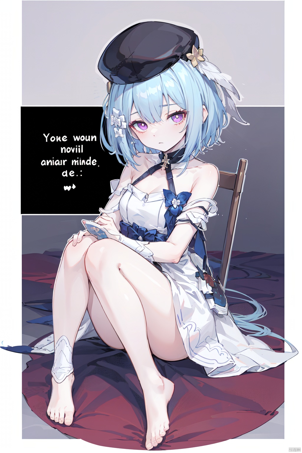  ((english text)),(((border:1.75))), ((outline)),
expressionless,
 sitting on floor, full body, breasts,
gelei, 1girl, short white dress, hat, blue hair, purple eyes, barefoot, little girl, 9 years old, cute, 
 detailed skin, (pale skin),haoche,鏃�