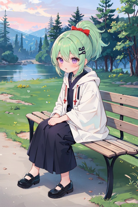  masterpiece, ultra detailed, high quality, 1girl, (blush, red face, parted lips), detailed lips, sitting in bench, (solo), wide shot, scenery, full body, Kuki Shinobu, green hair, hair between eyes, ponytail, short hair, (purple eyes:1.1), hair ornament, kukishinoburnd, xi_xiao_tian