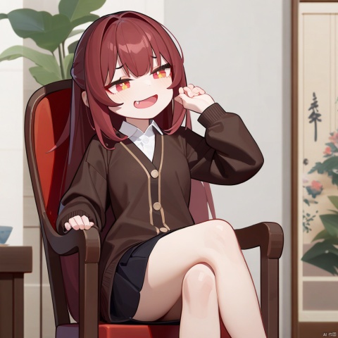  1girl, masterpiece, best quality, solo, sitting on chair, crossed legs, pov, full body, hand up, detailed eyes, absurdres, extremely detailed, cardigan, rating: safe, perfect features, makeup, eyeliner, intricate details, ultra resolution image, laughing, fang, smug , tianliang duohe fangdongye, red hair