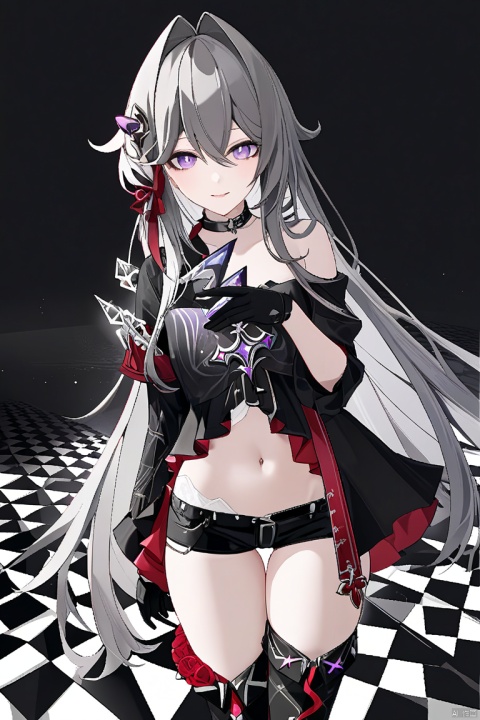  core_9,score_8_up,score_7_up,best quality,masterpiece,source_anime,8k,(ultra-detailed),(high detailed skin), 
Thelema, 1girl, black gloves, very long hair, purple eyes, navel, single thighhigh, black short shorts, grey hair, hair ornament,boots,
simple_black_background, black and white theme, Sense of coordination, sense of order, mathematics beauty, (((cover design))), (((((cover art))))), ((trim)), album_art, official art, (Master's work), 
 , perfect_detal_girl, cute_girl, pretty, long hair, (((delicate and beautiful eyes))), cute_eyes, looking at viewer, cute face, pretty facenavel, perfect body, body art, standing on chessboard, beautiful pose, chessboard, chess, white geometry, black geometry, reflection, crystal_art, pattern_design, creative, Mystery pattern, black crystal decorate, black crystal, (architectural art), ((geometric art)), pattern design, creative, ------, Low saturation, grand masterpiece, Perfect composition, film light, light art
