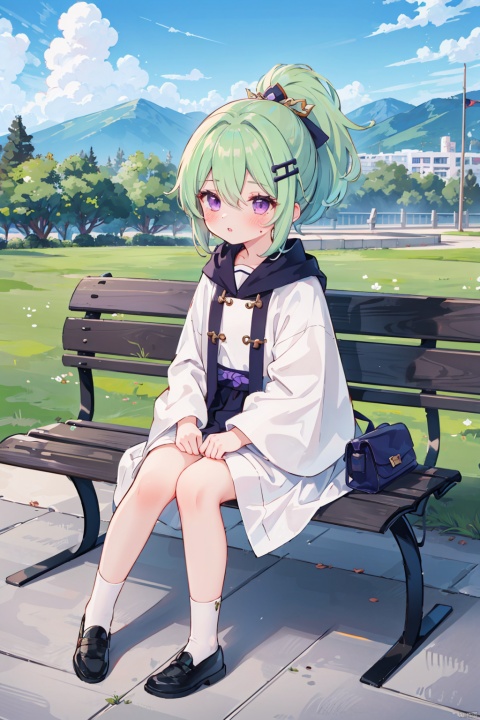  masterpiece, ultra detailed, high quality, 1girl, (blush, red face, parted lips), detailed lips, sitting in bench, (solo), wide shot, scenery, full body, Kuki Shinobu, green hair, hair between eyes, ponytail, short hair, (purple eyes:1.1), hair ornament, kukishinoburnd, xi_xiao_tian