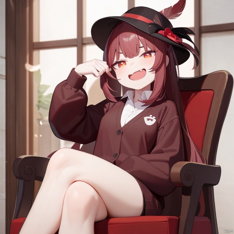  1girl, masterpiece, best quality, solo, sitting on chair, crossed legs, pov, full body, hand up, detailed eyes, absurdres, extremely detailed, cardigan, rating: safe, perfect features, makeup, eyeliner, intricate details, ultra resolution image, laughing, fang, smug , tianliang duohe fangdongye, red hair, hat feather