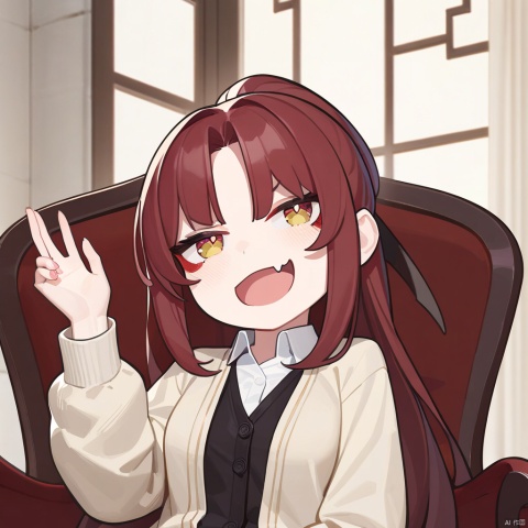  1girl, masterpiece, best quality, solo, sitting on chair, crossed legs, pov, full body, hand up, detailed eyes, absurdres, extremely detailed, cardigan, rating: safe, perfect features, makeup, eyeliner, intricate details, ultra resolution image, laughing, fang, smug , tianliang duohe fangdongye, red hair