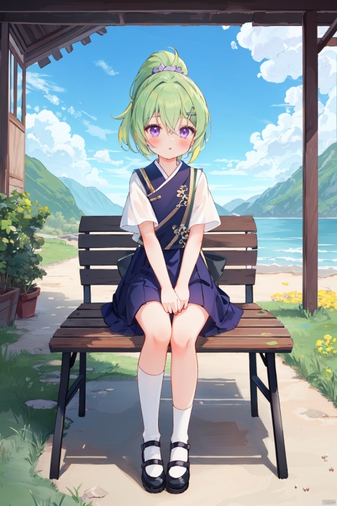  masterpiece, ultra detailed, high quality, 1girl, (blush, red face, parted lips), detailed lips, sitting in bench, (solo), wide shot, scenery, full body, Kuki Shinobu, green hair, hair between eyes, ponytail, short hair, (purple eyes:1.1), hair ornament, kukishinoburnd, xi_xiao_tian