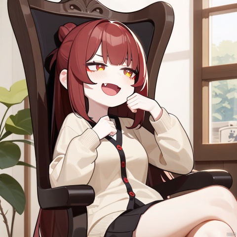  1girl, masterpiece, best quality, solo, sitting on chair, crossed legs, pov, full body, hand up, detailed eyes, absurdres, extremely detailed, cardigan, rating: safe, perfect features, makeup, eyeliner, intricate details, ultra resolution image, laughing, fang, smug , tianliang duohe fangdongye, red hair