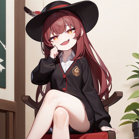  1girl, masterpiece, best quality, solo, sitting on chair, crossed legs, pov, full body, hand up, detailed eyes, absurdres, extremely detailed, cardigan, rating: safe, perfect features, makeup, eyeliner, intricate details, ultra resolution image, laughing, fang, smug , tianliang duohe fangdongye, red hair, hat feather