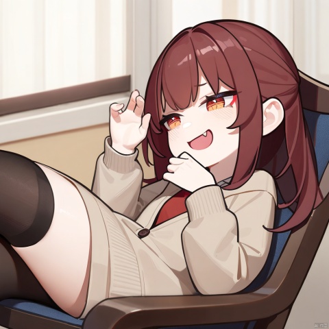  1girl, masterpiece, best quality, solo, sitting on chair, crossed legs, pov, full body, hand up, detailed eyes, absurdres, extremely detailed, cardigan, rating: safe, perfect features, makeup, eyeliner, intricate details, ultra resolution image, laughing, fang, smug , tianliang duohe fangdongye, red hair