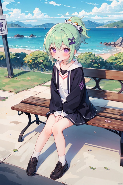  masterpiece, ultra detailed, high quality, 1girl, (blush, red face, parted lips), detailed lips, sitting in bench, (solo), wide shot, scenery, full body, Kuki Shinobu, green hair, hair between eyes, ponytail, short hair, (purple eyes:1.1), hair ornament, kukishinoburnd, xi_xiao_tian