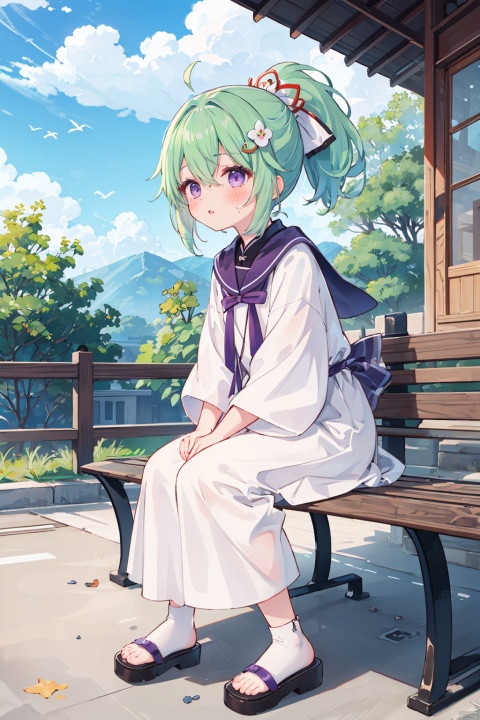  masterpiece, ultra detailed, high quality, 1girl, (blush, red face, parted lips), detailed lips, sitting in bench, (solo), wide shot, scenery, full body, Kuki Shinobu, green hair, hair between eyes, ponytail, short hair, (purple eyes:1.1), hair ornament, kukishinoburnd, xi_xiao_tian