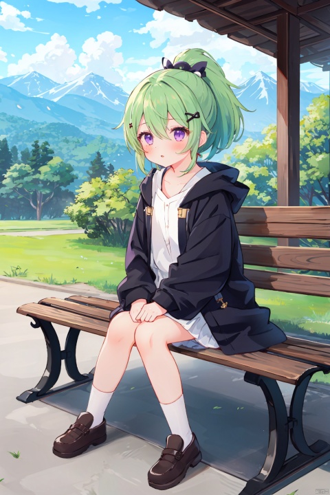  masterpiece, ultra detailed, high quality, 1girl, (blush, red face, parted lips), detailed lips, sitting in bench, (solo), wide shot, scenery, full body, Kuki Shinobu, green hair, hair between eyes, ponytail, short hair, (purple eyes:1.1), hair ornament, kukishinoburnd, xi_xiao_tian