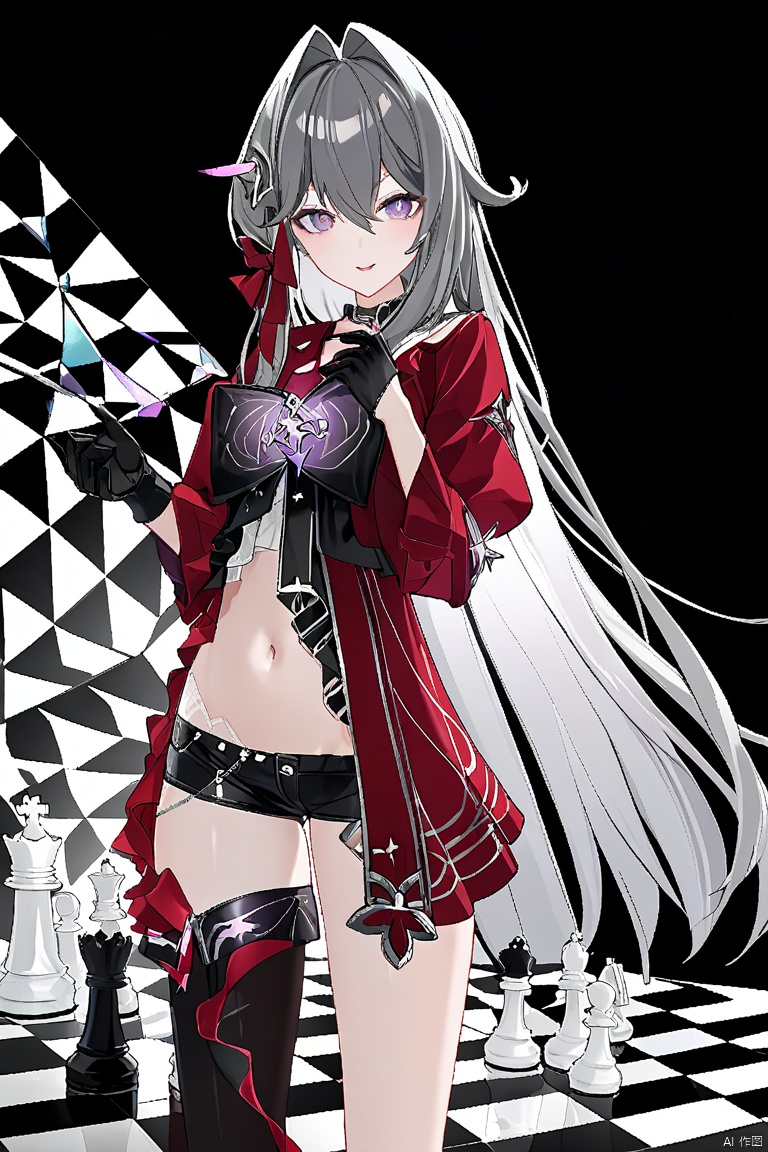  core_9,score_8_up,score_7_up,best quality,masterpiece,source_anime,8k,(ultra-detailed),(high detailed skin), 
Thelema, 1girl, black gloves, very long hair, purple eyes, navel, single thighhigh, black short shorts, grey hair, hair ornament,boots,
simple_black_background, black and white theme, Sense of coordination, sense of order, mathematics beauty, (((cover design))), (((((cover art))))), ((trim)), album_art, official art, (Master's work), 
 , perfect_detal_girl, cute_girl, pretty, long hair, (((delicate and beautiful eyes))), cute_eyes, looking at viewer, cute face, pretty facenavel, perfect body, body art, standing on chessboard, beautiful pose, chessboard, chess, white geometry, black geometry, reflection, crystal_art, pattern_design, creative, Mystery pattern, black crystal decorate, black crystal, (architectural art), ((geometric art)), pattern design, creative, ------, Low saturation, grand masterpiece, Perfect composition, film light, light art