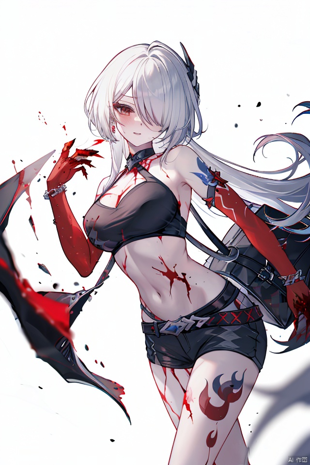  masterpiece, best quality,1girl, alternate costume, solo, bag, looking at viewer, blush, plaid, charm (object), bag charm, bangs, contemporary, sidelocks, jewelry, character name, female woman, white background, 
\\\\\\\\\\\,
(whuangquan:1.2),white hair,asymmetrical clothes,(bloody hand,red hand:1.35) eyes,long hair,hair over one eye,shorts,
, tattoo on stomach, spread leg