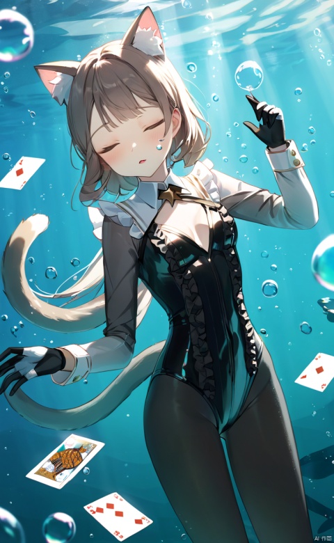  masterpiece, best quality,8K,detailed,(good hands:0.5),
1girl, animal ears, cat ears, solo, pantyhose, closed eyes, underwater, card, fish, bow, long hair, frilled leotard, gloves, air bubble, long sleeves, cat girl, bubble, black pantyhose, leotard, breasts, black gloves, parted lips, frills, black leotard, cat tail, submerged, two-tone gloves, animal ear fluff, small breasts, playing card, cowboy shot, star \(symbol\), hands up,lnt, def clothe, 
