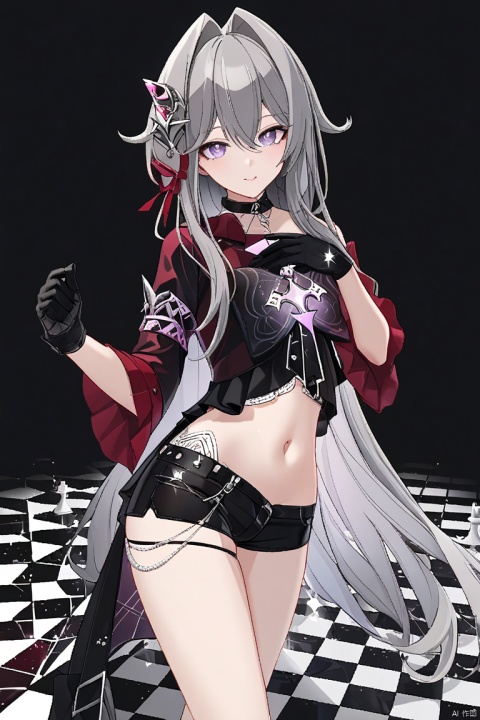  core_9,score_8_up,score_7_up,best quality,masterpiece,source_anime,8k,(ultra-detailed),(high detailed skin), 
Thelema, 1girl, black gloves, very long hair, purple eyes, navel, single thighhigh, black short shorts, grey hair, hair ornament,boots,
simple_black_background, black and white theme, Sense of coordination, sense of order, mathematics beauty, (((cover design))), (((((cover art))))), ((trim)), album_art, official art, (Master's work), 
 , perfect_detal_girl, cute_girl, pretty, long hair, (((delicate and beautiful eyes))), cute_eyes, looking at viewer, cute face, pretty facenavel, perfect body, body art, standing on chessboard, beautiful pose, chessboard, chess, white geometry, black geometry, reflection, crystal_art, pattern_design, creative, Mystery pattern, black crystal decorate, black crystal, (architectural art), ((geometric art)), pattern design, creative, ------, Low saturation, grand masterpiece, Perfect composition, film light, light art