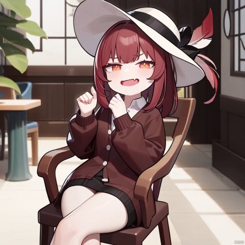  1girl, masterpiece, best quality, solo, sitting on chair, crossed legs, pov, full body, hand up, detailed eyes, absurdres, extremely detailed, cardigan, rating: safe, perfect features, makeup, eyeliner, intricate details, ultra resolution image, laughing, fang, smug , tianliang duohe fangdongye, red hair, hat feather