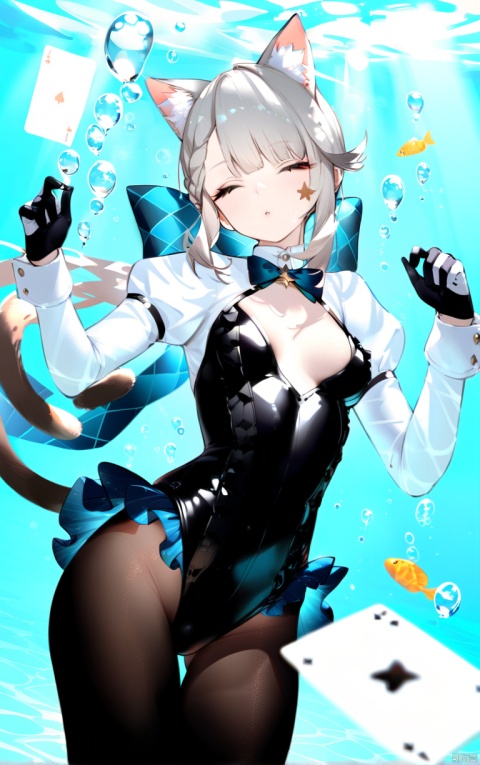  masterpiece, best quality,8K,detailed,(good hands:0.5),
1girl, animal ears, cat ears, solo, pantyhose, closed eyes, underwater, card, fish, bow, long hair, frilled leotard, gloves, air bubble, long sleeves, cat girl, bubble, black pantyhose, leotard, breasts, black gloves, parted lips, frills, black leotard, cat tail, submerged, two-tone gloves, animal ear fluff, small breasts, playing card, cowboy shot, star \(symbol\), hands up,lnt, def clothe, 

