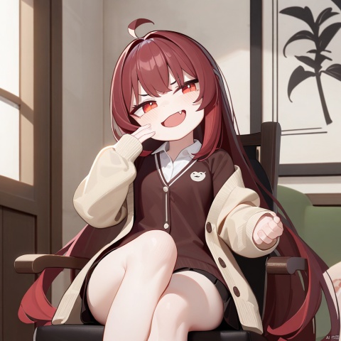  1girl, masterpiece, best quality, solo, sitting on chair, crossed legs, pov, full body, hand up, detailed eyes, absurdres, extremely detailed, cardigan, rating: safe, perfect features, makeup, eyeliner, intricate details, ultra resolution image, laughing, fang, smug , tianliang duohe fangdongye, red hair