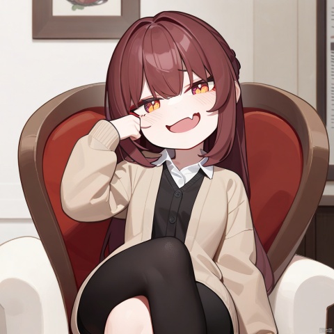  1girl, masterpiece, best quality, solo, sitting on chair, crossed legs, pov, full body, hand up, detailed eyes, absurdres, extremely detailed, cardigan, rating: safe, perfect features, makeup, eyeliner, intricate details, ultra resolution image, laughing, fang, smug , tianliang duohe fangdongye, red hair