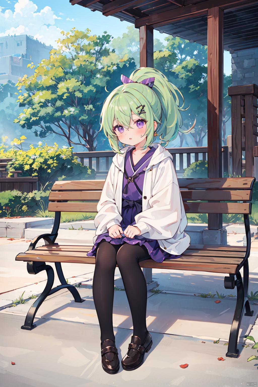  masterpiece, ultra detailed, high quality, 1girl, (blush, red face, parted lips), detailed lips, sitting in bench, (solo), wide shot, scenery, full body, Kuki Shinobu, green hair, hair between eyes, ponytail, short hair, (purple eyes:1.1), hair ornament, kukishinoburnd, **_xiao_tian