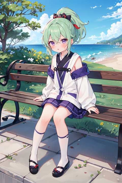  masterpiece, ultra detailed, high quality, 1girl, (blush, red face, parted lips), detailed lips, sitting in bench, (solo), wide shot, scenery, full body, Kuki Shinobu, green hair, hair between eyes, ponytail, short hair, (purple eyes:1.1), hair ornament, kukishinoburnd, xi_xiao_tian