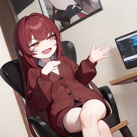  1girl, masterpiece, best quality, solo, sitting on chair, crossed legs, pov, full body, hand up, detailed eyes, absurdres, extremely detailed, cardigan, rating: safe, perfect features, makeup, eyeliner, intricate details, ultra resolution image, laughing, fang, smug , tianliang duohe fangdongye, red hair