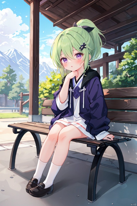  masterpiece, ultra detailed, high quality, 1girl, (blush, red face, parted lips), detailed lips, sitting in bench, (solo), wide shot, scenery, full body, Kuki Shinobu, green hair, hair between eyes, ponytail, short hair, (purple eyes:1.1), hair ornament, kukishinoburnd, xi_xiao_tian