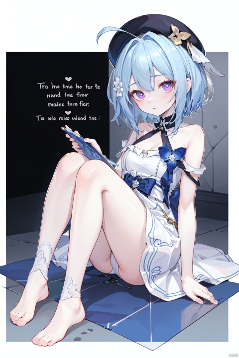  ((english text)),(((border:1.75))), ((outline)),
expressionless,
 sitting on floor, full body, breasts,ass focus, legs grab, 
gelei, 1girl, short white dress, hat, blue hair, purple eyes, barefoot, little girl, 9 years old, cute, 
 detailed skin, (pale skin),haoche,鏃�