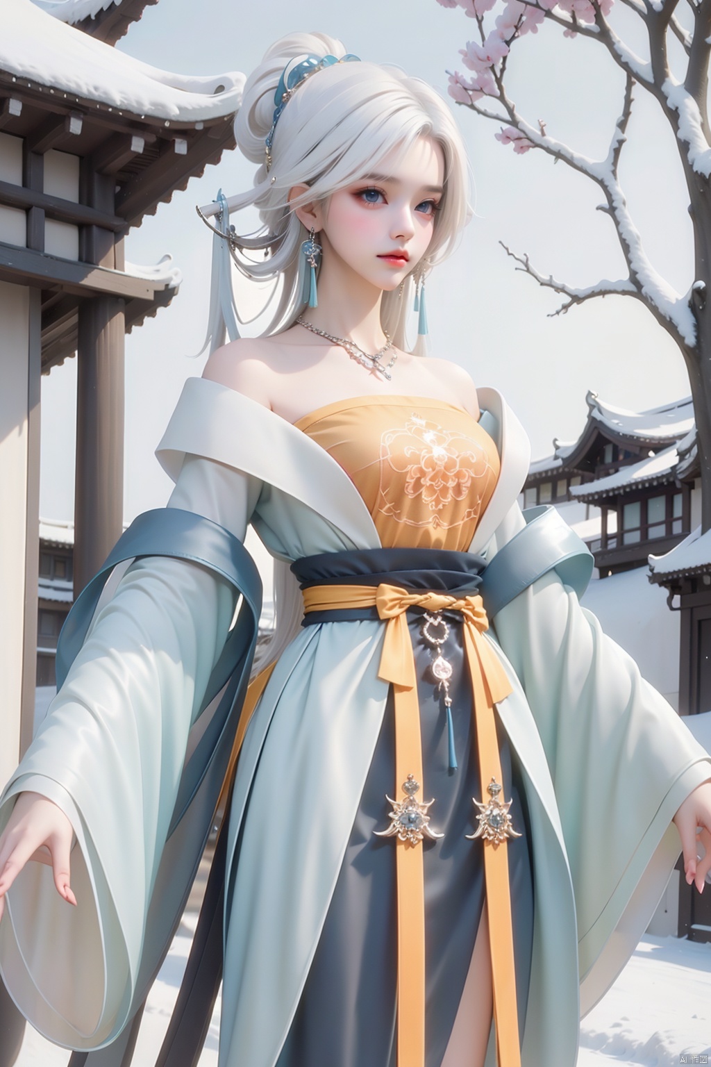  MY,1girl,solo,jewelry,hanfu,hair stick,necklace,blue eyes,hair ornament,chinese clothes,white hair,looking at viewer,earrings,dress,bare shoulders,long sleeves,wide sleeves,tree,scenery,outdoors,snow,shrine,east asian architecture,winter,plum_blossom,shimenawa,, (raw photo:1.2),((photorealistic:1.4))best quality,masterpiece,illustration,an extremely delicate and beautiful,extremely detailed,CG,unity,8k wallpaper,Amazing,finely detail,masterpiece,best quality,official art,extremely detailed CG unity 8k wallpaper,absurdres,incredibly absurdres,huge filesize,ultra-detailed,highres,extremely detailed,beautiful detailed girl,cinematic lighting,1girl,pale skin,tall female,(perfect body shape),skinny body,Slender legs,